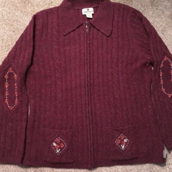 Woolrich Burgundy Embroidered Full Zip Sweater M - Picture 1 of 9